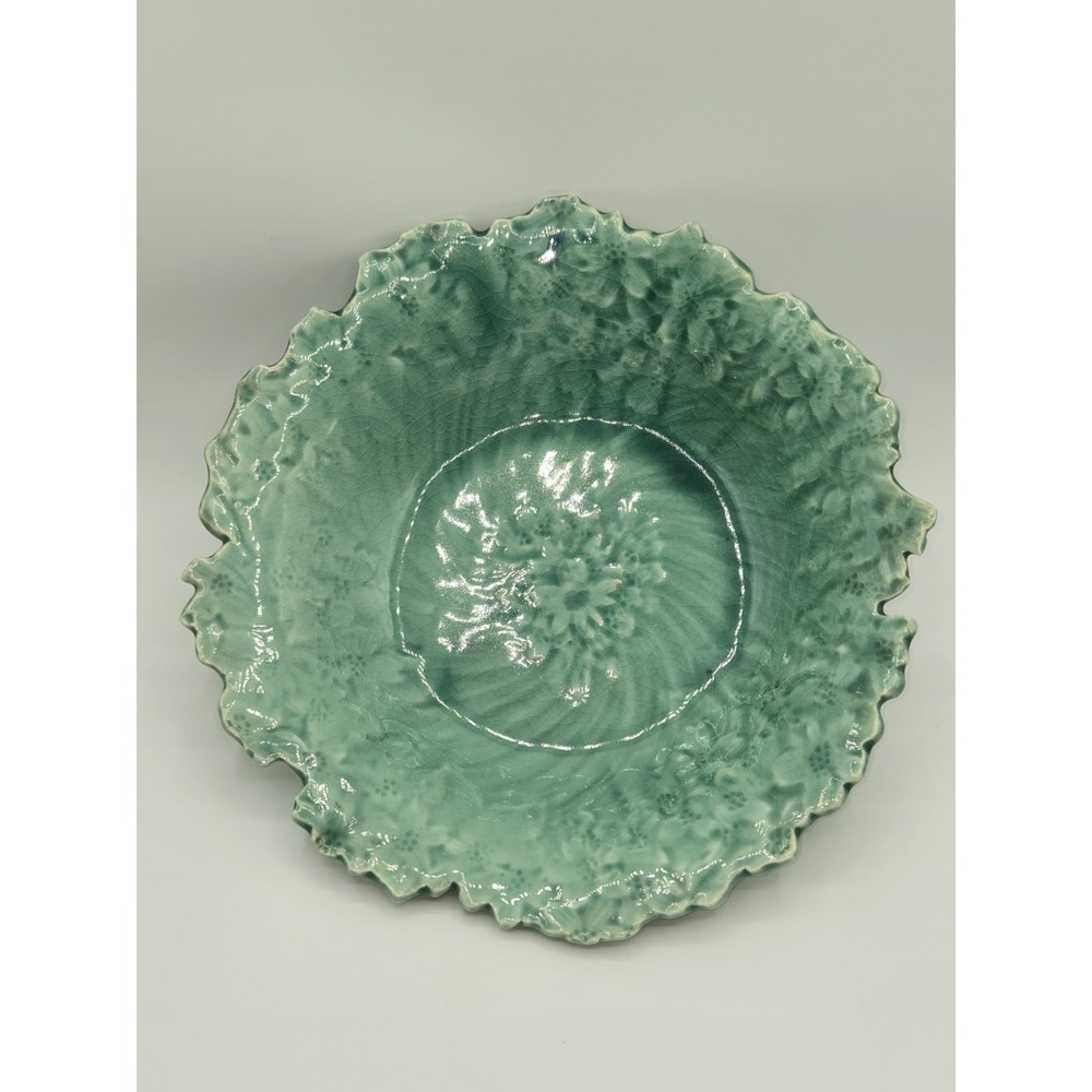 Vintage Aqua Art Pottery Bowl Floral Scalloped Edge Turquoise Glazed Centerpiece